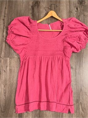 Free People Elsie Hot Pink Puff-Sleeve Smocked Yoke Tunic